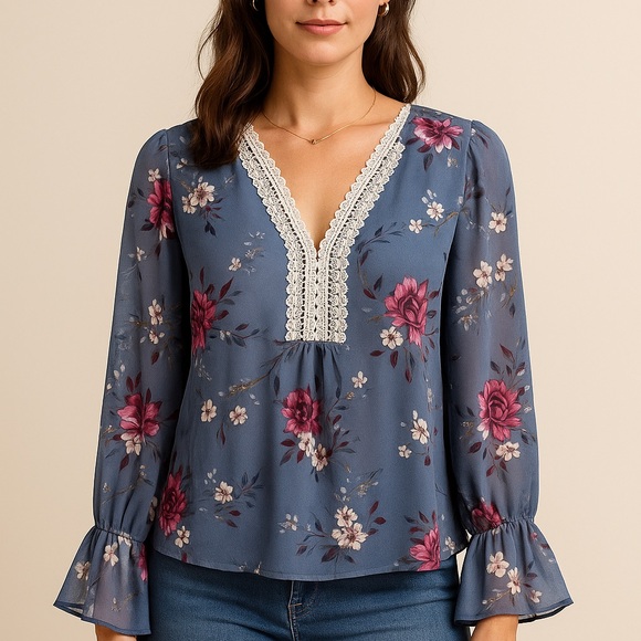 White House Black Market Tops - White House Black Market Floral Bell Sleeve Blouse Size 12